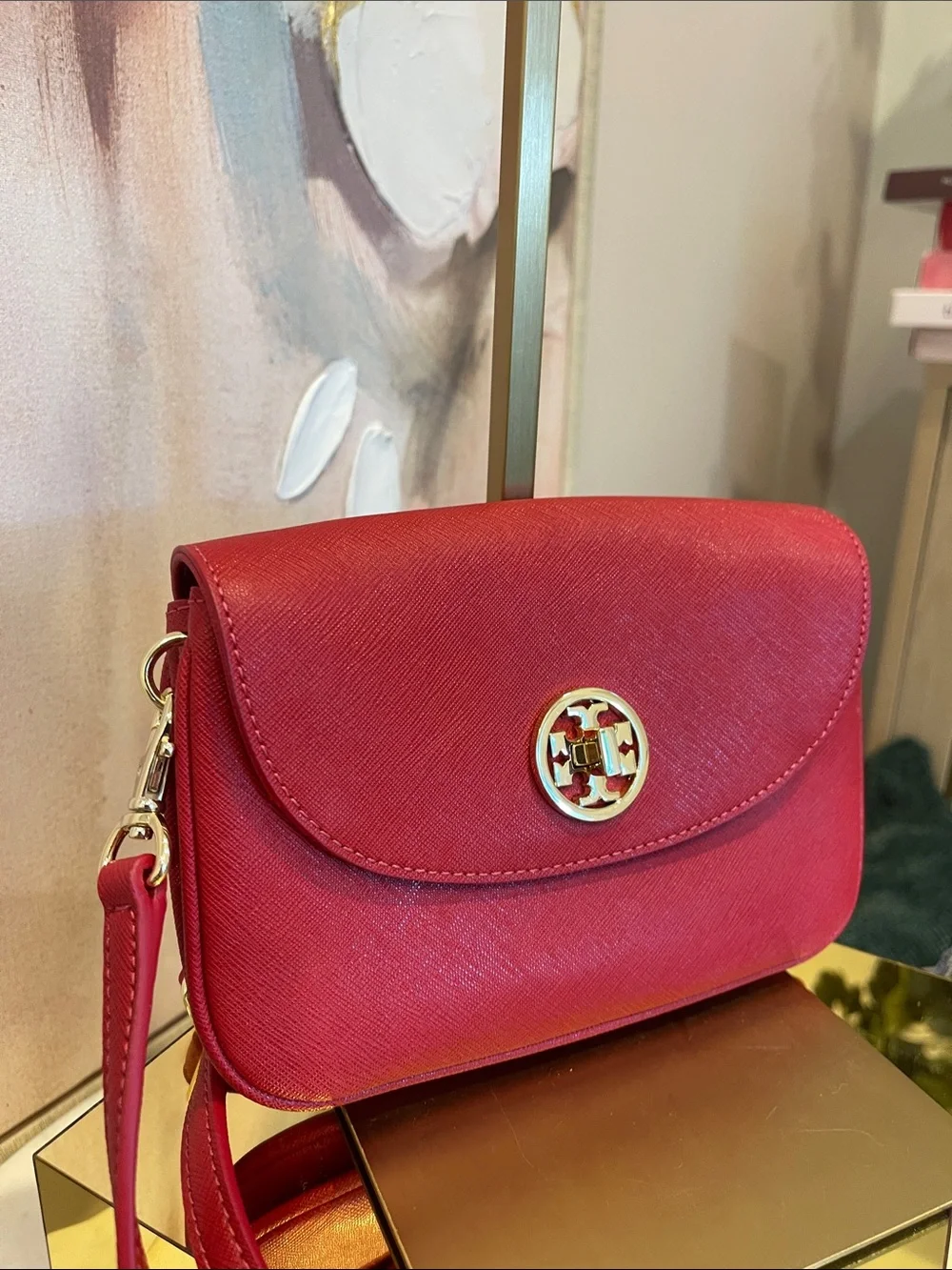 Tory Burch Red Saffiano Crossbody with Gold Emblem